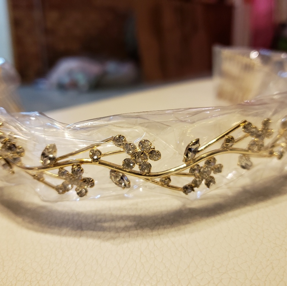 New Gold Tiara with Rhinestone Flowers